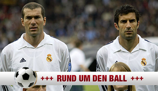 Zinedine Zidane (l.) und Luis Figo treten in Madrid gegen die FCB-Allstars an