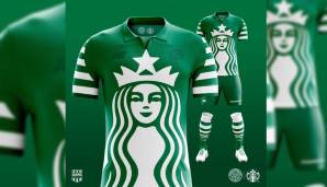Selbes gilt für diesen Entwurf eines Celtic-Trikots, vermischt mit dem Logo des Kaffee-Unternehmens "Starbucks".