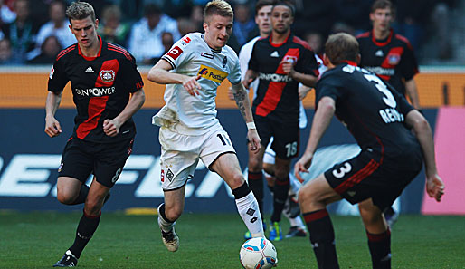 Marco Reus (2.v.l.) erzielte im Hinspiel gegen Leverkusen den Treffer zum zwischenzeitlichen 1:1