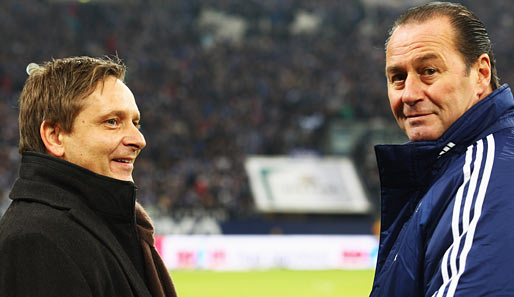 Huub Stevens (r.) mit Schalke-Manager Horst Heldt