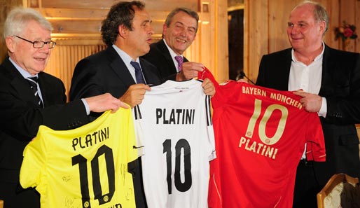 Uli Hoeneß (r.) und Michel Platini (2.v.l.) bei der letzten Zusammenkunft in München