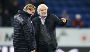 Rudi Völler diskutierte nach dem Spiel mit Hoffenheim-Trainer Markus Gisdol