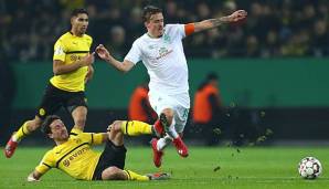 Im Hinspiel reichte es für einen 2:1-Heimsieg des BVB. Den einzigen Treffer auf Seiten des SV Werder Bremen markierte Max Kruse (3.v.l.) in der 35. Spielminute.