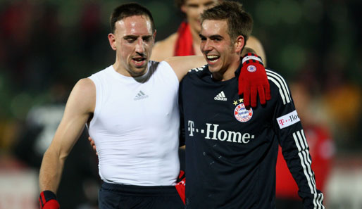 Haben nach dem 2:0-Sieg gegen Bayer allen Grund zum Lachen: Franck Ribery und Philipp Lahm