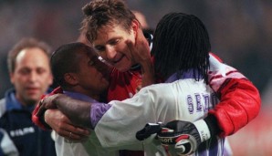 Bodo Illgner bejubelt den Gewinn der Champions League 1998 mit Roberto Carlos und Clarence Seedorf