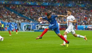 Olivier Giroud (Frankreich) schnürte den Doppelpack gegen Island. Griezmann und Payet sind bei der Equipe für die Kunst zuständig, der Arsenal-Stürmer für RUMMS!
