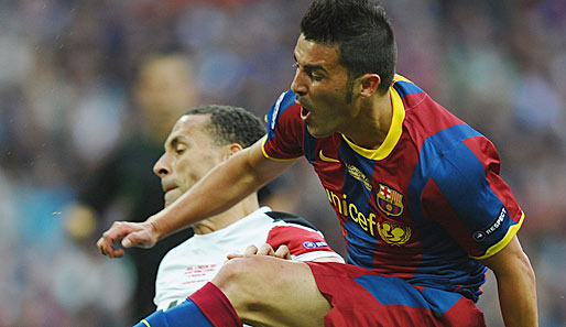 David Villa (hier gegen Rio Ferdinand) schoss im CL-Finale gegen Manchester United das 3:1