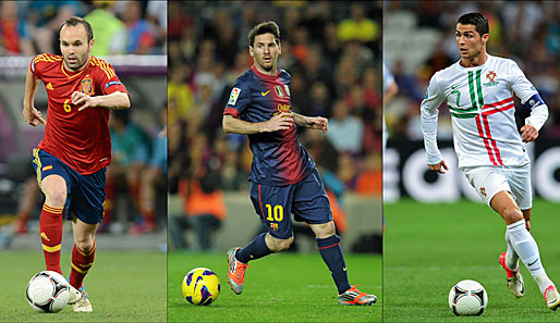 Die drei Nominierten: Andres Iniesta, Lionel Messi und Cristiano Ronaldo (v.l.)