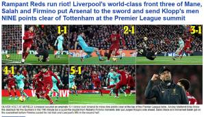 Die "Daily Mail" hat "zügellose Reds" gesehen und feiert Mane, Salah und Firmino ab. Das Trio habe Arsenal ans Messer geliefert.