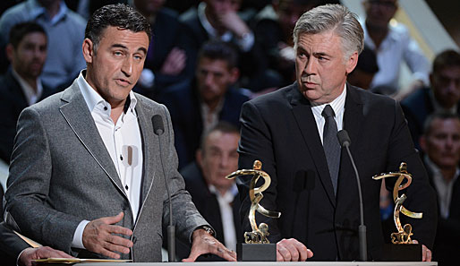 Christophe Galtier (l., AS Saint-Etienne) und Carlo Ancelotti sind in Frankreich die Trainer des Jahres