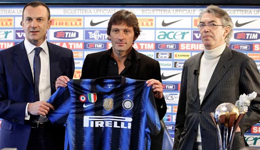 Inter-Coach Leonardo mit Sportdirektor Marco Branca (l.) und Präsident Massimo Moratti (r.)