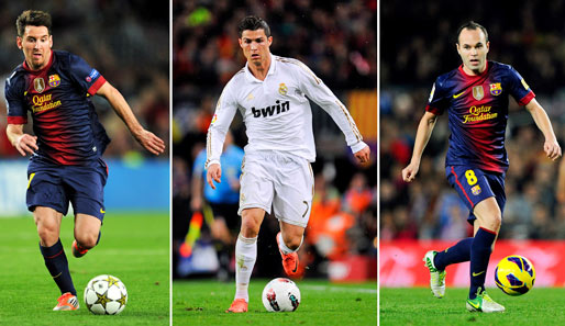 Die Nominierten für die Weltfußballerwahl: Lionel Messi, Cristiano Ronaldo und Andres Iniesta (v.l.)