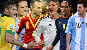 Stars der WM 2014: Neymar, Cavani, Iniesta, Schweinsteiger, Falcao und Messi (v.l.)