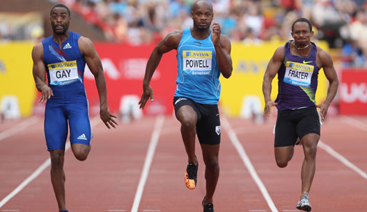 Der Jamaikaner Asafa Powell (M.) steht nur noch auf Rang sechs der Weltrangliste