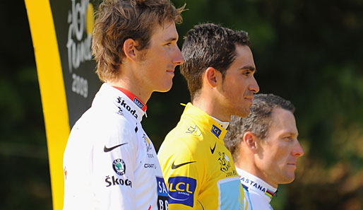 Schleck (l.), Contador (M.) und Armstrong: "Ein historisches Podium", wie es Contador nannte