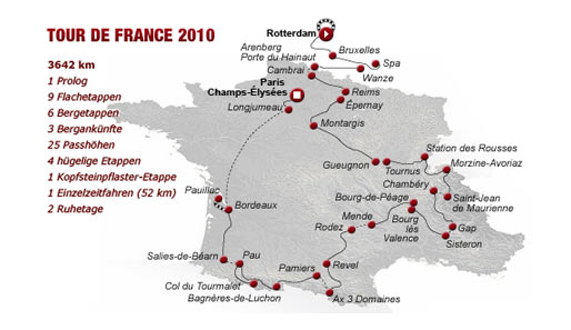 3642 Kilometer verteilt auf 21 Abschnitte. Das ist die Etappenübersicht der Tour de France 2010