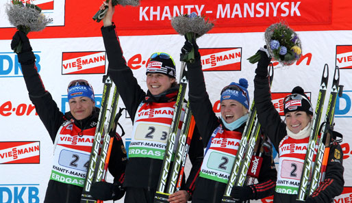 Grenzenloser Jubel: Die Biathlon-Staffel holte sich bei der WM in Chanty Mansijsk die Goldmedaille