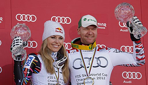 Klaus Kröll (r., mit Lindsay Vonn) hat im vergangenen Winter den Abfahrtsweltcup gewinnen können