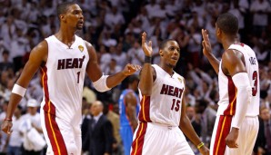 Chris Bosh, Mario Chalmers und Dwyane Wade (v.l.n.r.) bleiben den Miami Heat treu