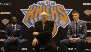 Am Draftabend holte Phil Jackson (M.) Jerian Grant (l.) und Kristaps Porzingis zu den Knicks