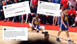 Bei seinem Comeback in Spiel 5 der Finals hat sich Kevin Durant schwer an der Achillessehne verletzt. Die NBA-Familie reagiert geschockt, neben Genesungswünschen und Kritik am Einsatz von KD stehen auch die Raptors-Fans im Fokus.