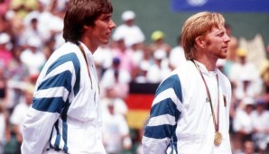 1992: Barcelona Olympics. Boris Becker and Michael Stich of Germany win mens doubles. Mandatory Credit: Allsport/ALLSPORT