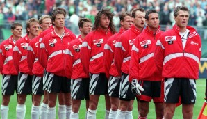 Startaufstellung beim EM-Quali-Spiel vom 11. Juni 1995 in Dublin, das Österreich mit 3:1 gewann