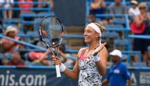WASHINGTON, DC - JULY 24: Yanina Wickmayer of Belgium salutes the fans after her 6-4, 6-2 win over Lauren Davis of the United States in the women's singles final of the Citi Open at Rock Creek Tennis Center on July 24, 2016 in Washington, DC. (Pho...