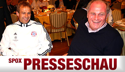"5x Lissabumm": Jürgen Klinsmann (l.) kann wieder durchatmen, Uli Hoeneß wieder lachen