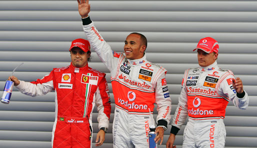 Die Top 3: Felipe Massa (links, Platz zwei), Lewis Hamilton (mitte, Pole-Position) und Heikki Kovalainen (rechts, Dritter)