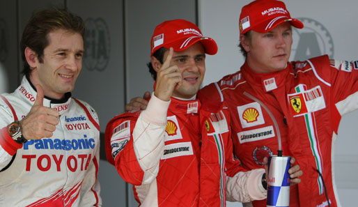 Diese drei stehen vor Lewis Hamilton. Trulli (links), Massa (Mitte) und Räikkönen (rechts)