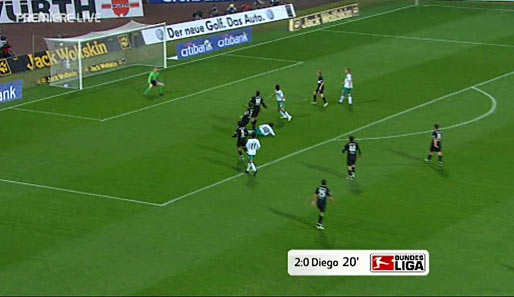 Hertha-Keeper Christopher Gäng geht in die Knie, Diego verfolgt den Flug des Balles am Boden liegend