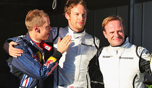 Am meisten gefreut hat sich aber das Trio an der Spitze. Sebastian Vettel, Jenson Button und Rubens Barrichello (v.l.)
