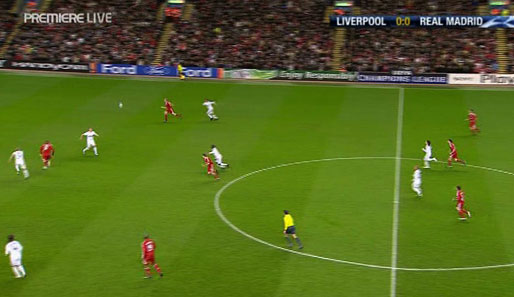 Langer Ball des FC Liverpool hinter die Abwehr von Real Madrid. Der Ball segelt über Pepe und Kuyt läuft Heinze weg