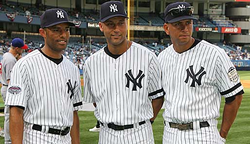 Die Stars von heute (v.l.n.r.): Closer Mariano Rivera, Shortstop Derek Jeter und Third Baseman Alex Rodriguez. Rivera und Jeter holten zwischen 1996 und 2000 viermal den Titel