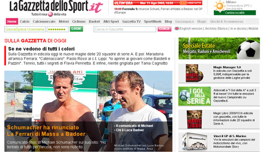 Gazzetta dello Sport (Italien): Schumacher sagt ab. Badoer übernimmt Massas Ferrari. Schockierende Mitteilung von Michael Schumacher auf seiner Homepage