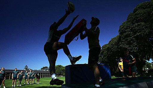 Spring, Luke, spring! Die Teamkollegen schauen dem Wallabies-Spieler Luke Burgess gespannt beim Rugby-Training zu