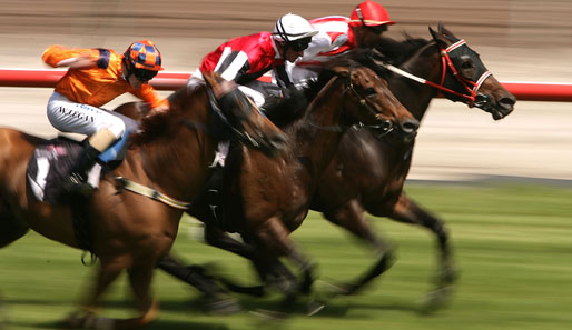 Flemington Racecourse, Melbourne: Jockey Glen Boss (M.) war mit seinem Pferd Grand Destiny gut im Rennen und machte ordentlich Tempo