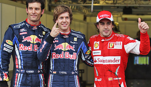 Webber, Vettel und Alonso (v.l.) werden aller Voraussicht nach den Sieg unter sich ausmachen. Aber Vorsicht: Das Wetter könnte für Chaos sorgen