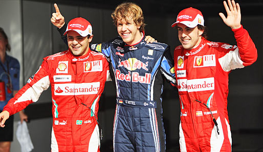 An der Spitze lagen andere. Sebastian Vettel holte sich die Pole-Position vor den beiden Ferrari-Piloten Felipe Massa (l.) und Fernando Alonso