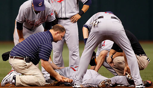 ...ganz im Gegensatz zu der seines Gegners Asdrubal Cabrera von den Cleveland Indians: Er musste am verletzten Arm behandelt werden