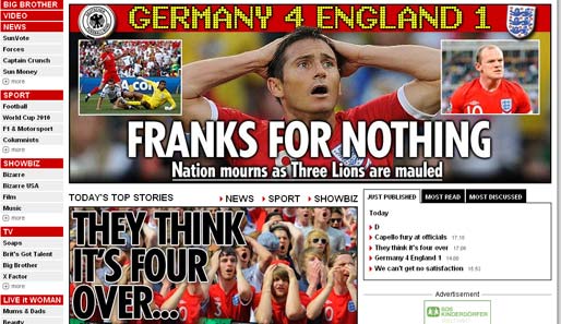 "Franks for Nothing" - "The Sun" macht mit dem nicht gegebenen Treffer von Lampard auf. "Eine Nation trauert als die Three Lions zerfleischt werden"