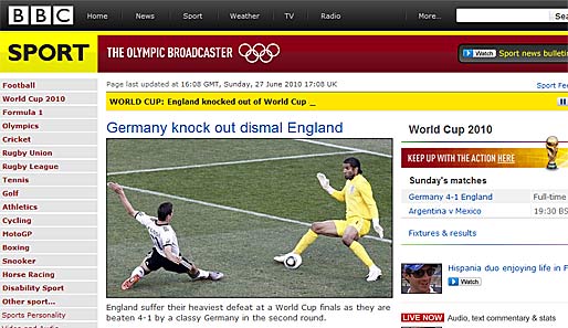 Selbst die "BBC" haut ein bisschen drauf - allerdings aufs eigene Team. "Deutschland wirft trostloses England raus", titelt sie online