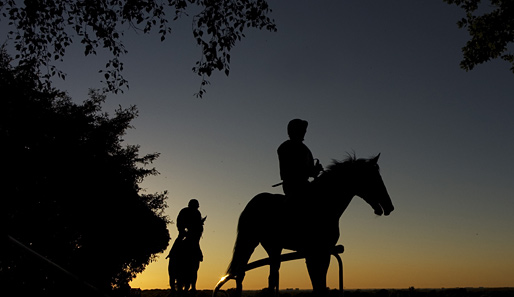 Ein Hauch von Lucky Luke: Nach dem Spar Maiden Stakes im Sandown Park posieren die Reiter bei Sonnenuntergang