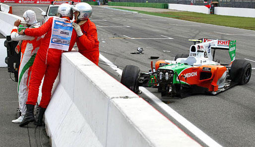 Qualifying zum Deutschland-GP in Hockenheim - und Vitantonio Liuzzi schmeißt den Force India in die Boxenmauer