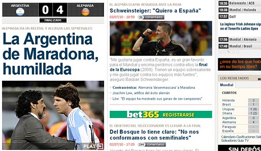 Marca (Spanien): "Maradonas Argentinien gedemütigt", titeln die Spanier. Gleich daneben wünscht sich Bastian Schweinsteiger eben jene Spanier im Halbfinale