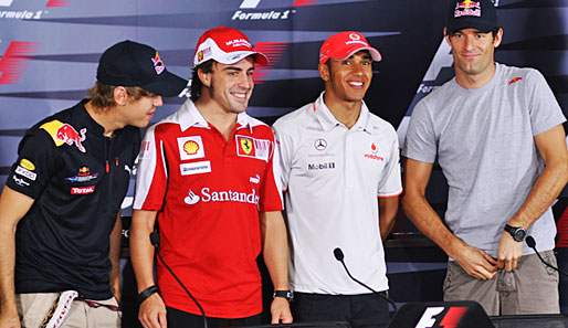 2010: Für diese vier Fahrer ging es im letzten Rennen noch um den Titel: Sebastian Vettel, Fernando Alonso, Lewis Hamilton und Mark Webber (v.l.)