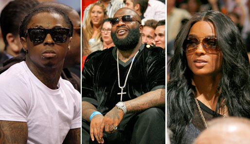 In Miami sammelt sich die geballte Hip-Hop-R'n'B-Prominenz: Lil Wayne, Rick Ross und Ciara (v.l.) fiebern mit den Miami Heat