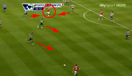 Rooney (Kreis) befindet sich nun zwischen den Linien und wird vom Innenverteidiger (Pfeil nach links) aufgenommen, hat dabei aber den Vorteil, mit Tempo zu kommen