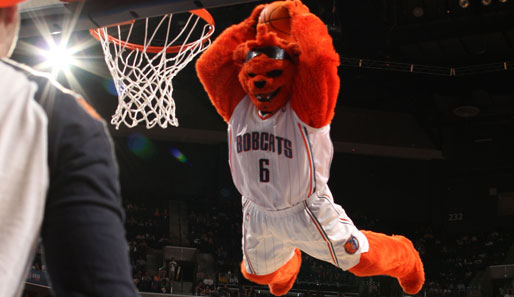 Da kommt ein NBA-Maskottchen geflogen: Rufus von den Charlotte Bobcats zeigt während der Halbzeitshow sein ganzes Können